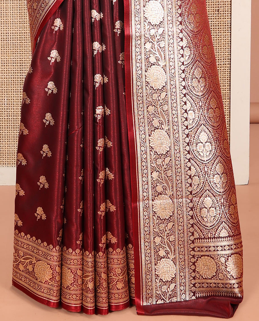 Maroon Banarasi Nylon Saree, Embellished with Zari Buttas, Highlighted by a Floral Creeper Zari Border, Intricate Pallu, and a Matching Blouse