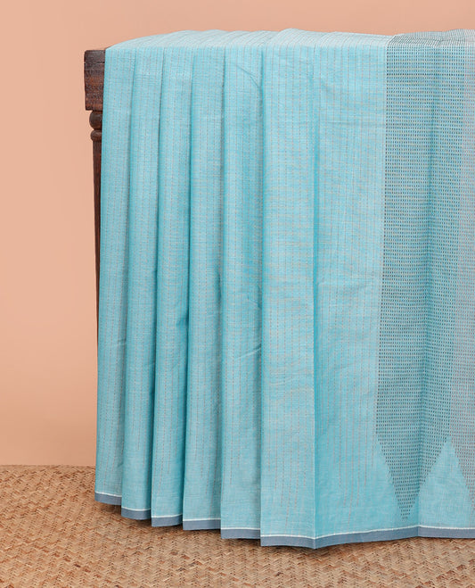 Borderless blue checked Kanchi cotton saree, temple design pallu