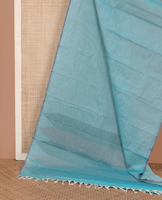 Borderless blue checked Kanchi cotton saree, temple design pallu