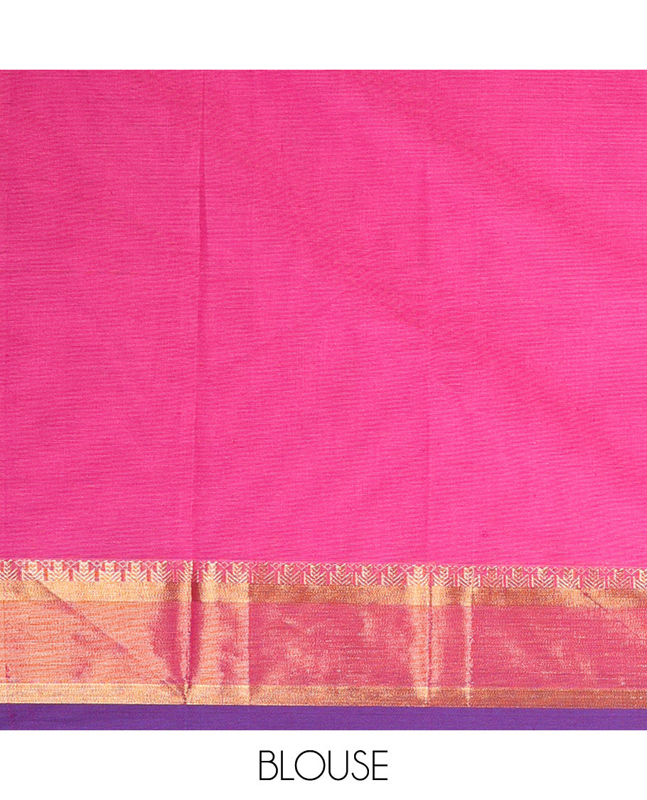 Pink buttas kanchi cotton saree, contrast zari and thread border, and pallu of floral creeper, and paisley designs