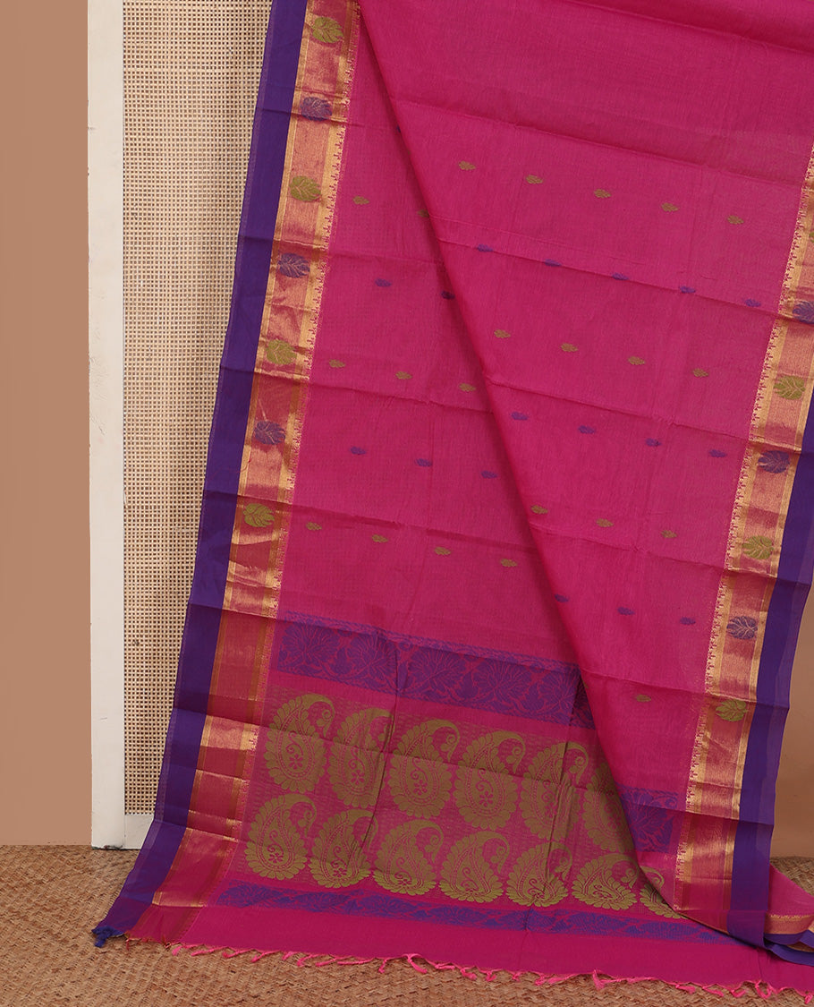 Pink buttas kanchi cotton saree, contrast zari and thread border, and pallu of floral creeper, and paisley designs