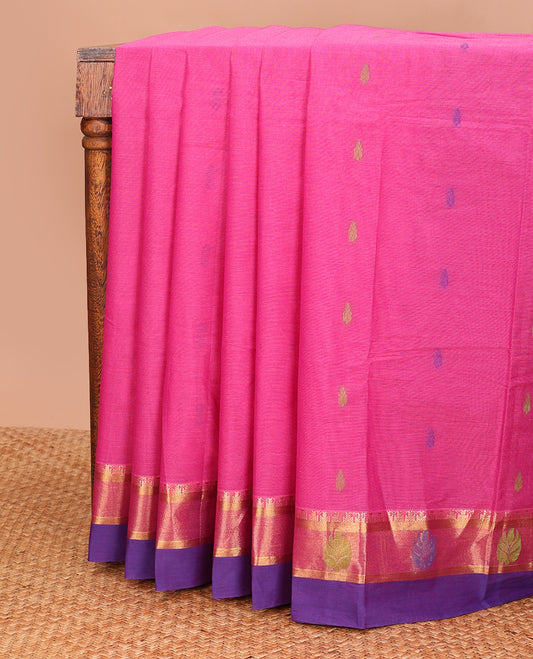 Pink buttas kanchi cotton saree, contrast zari and thread border, and pallu of floral creeper, and paisley designs