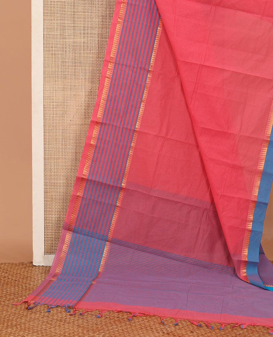 Pink sparesly striped Mangalagiri Cotton saree, temple border of stripes, striped pallu, and contrast kalamkari floral printed blouse