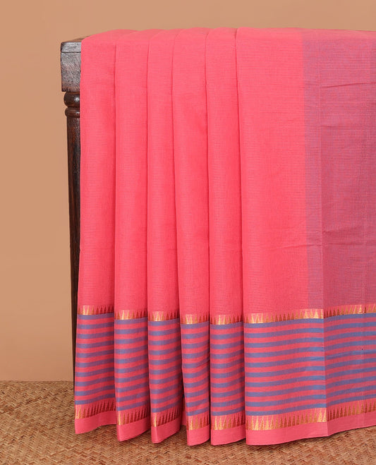 Pink sparesly striped Mangalagiri Cotton saree, temple border of stripes, striped pallu, and contrast kalamkari floral printed blouse
