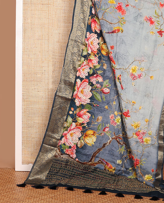Grey floral printed with French knot embroidered dola silk saree, contrast traditional zari design border & French knot thread embroidered pallu