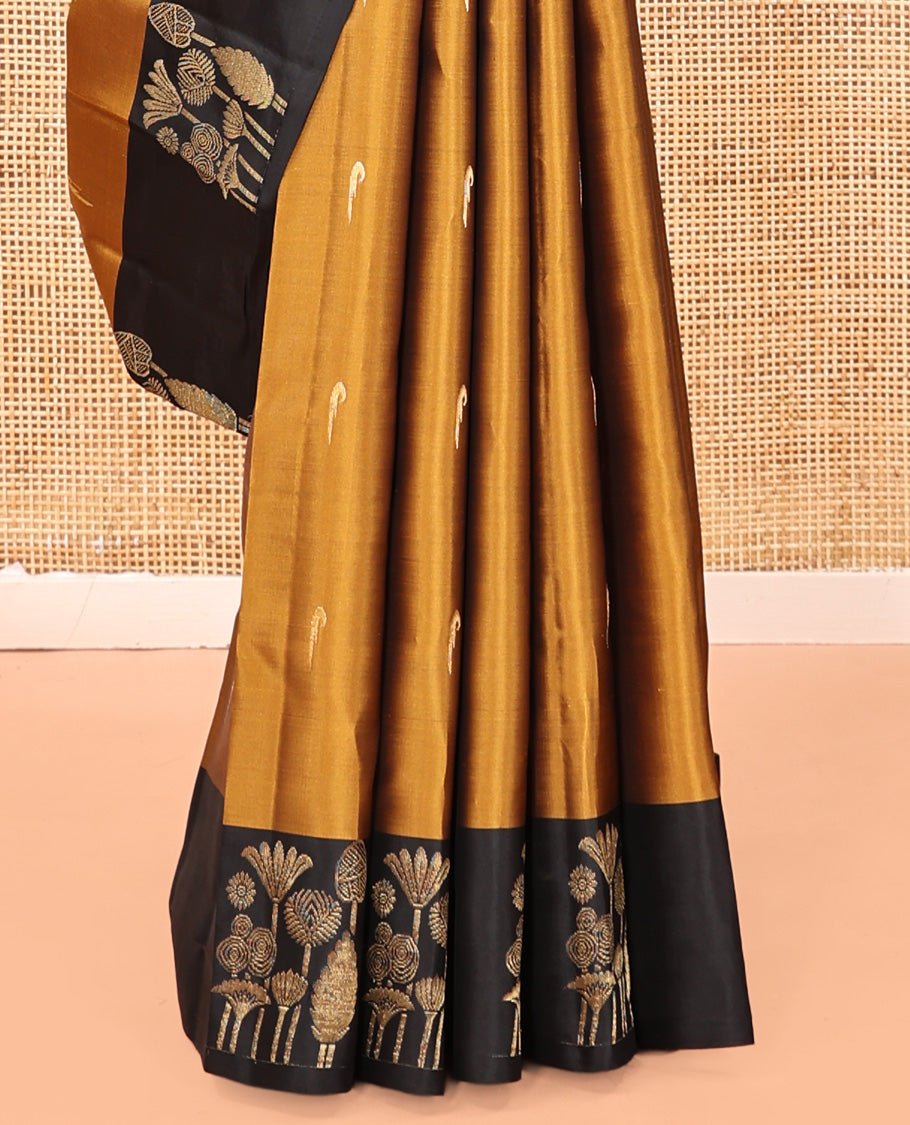 Mehendi Gold Muniya Buttas Vasundhara Lite Silk Mix Saree, Contrast Border, Jaal Pallu, Contrast Blouse