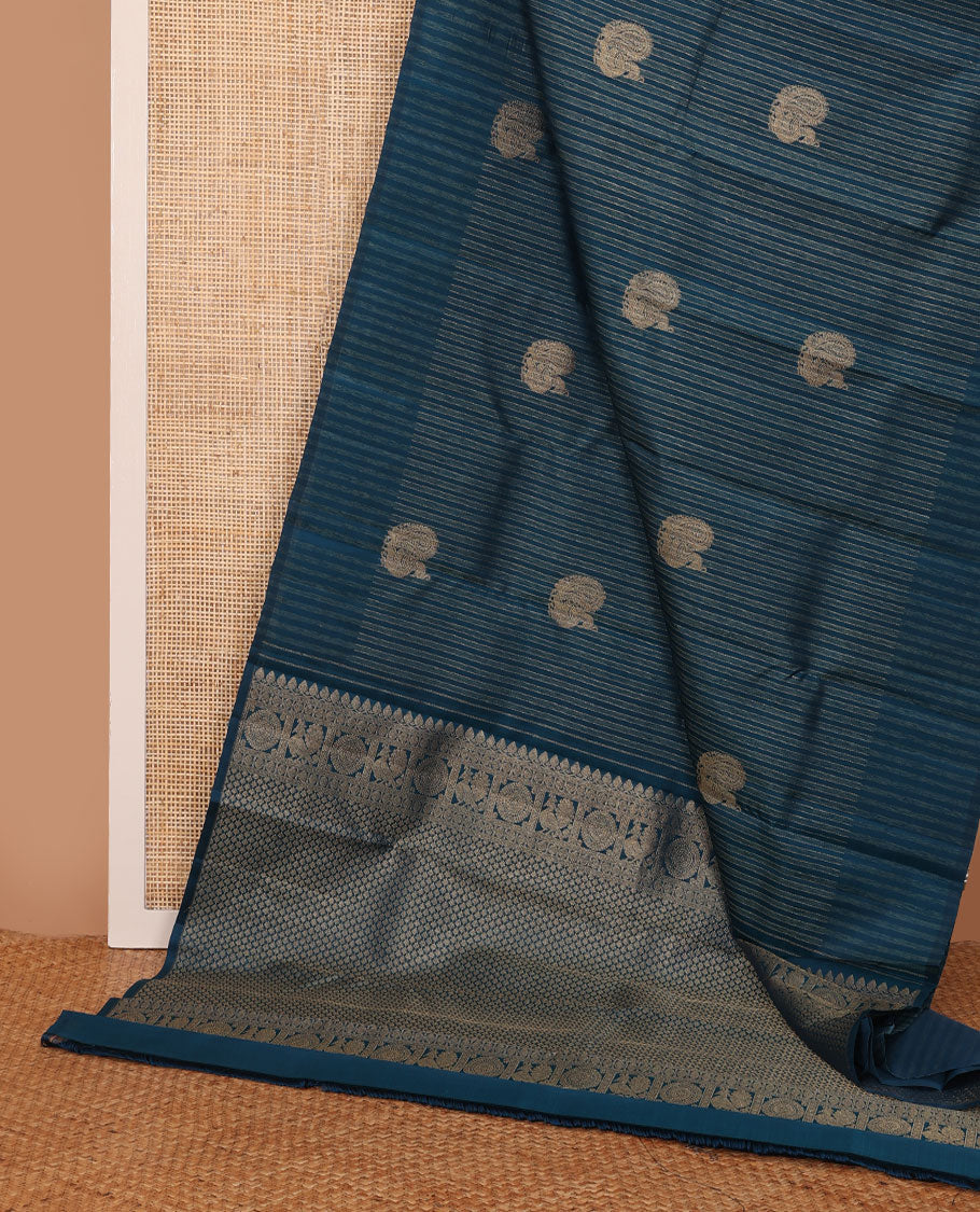 Blue striped and mayil buttas Kanchipuram silk saree, self-border, and pallu of thilakam mokku, muthu, poun, mayil chakram, and jaal