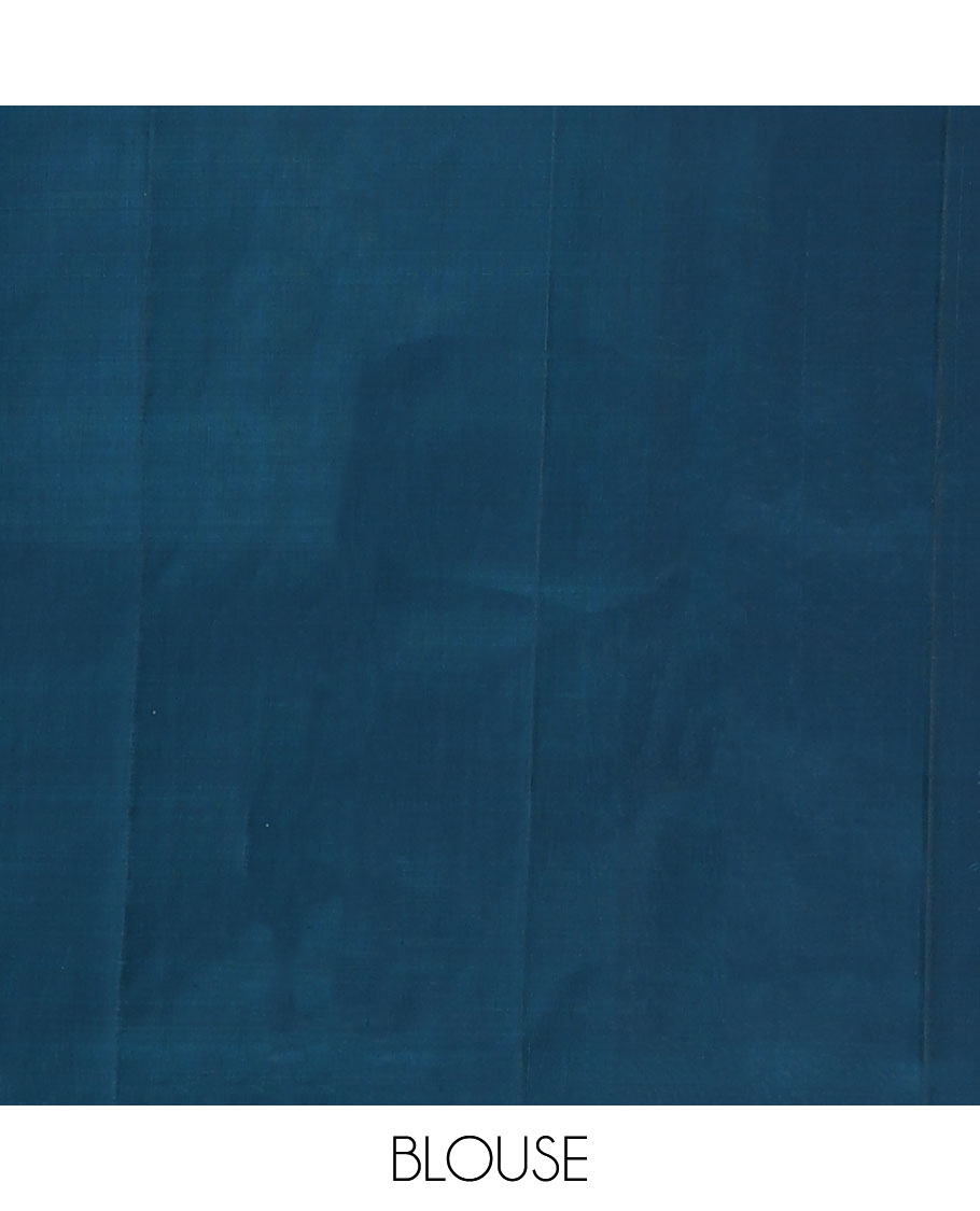 Blue striped and mayil buttas Kanchipuram silk saree, self-border, and pallu of thilakam mokku, muthu, poun, mayil chakram, and jaal