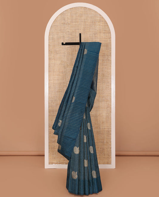Blue striped and mayil buttas Kanchipuram silk saree, self-border, and pallu of thilakam mokku, muthu, poun, mayil chakram, and jaal