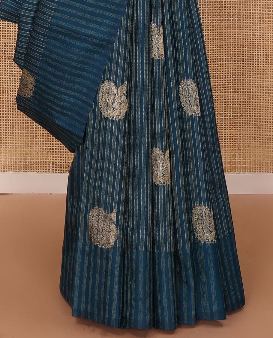 Blue striped and mayil buttas Kanchipuram silk saree, self-border, and pallu of thilakam mokku, muthu, poun, mayil chakram, and jaal
