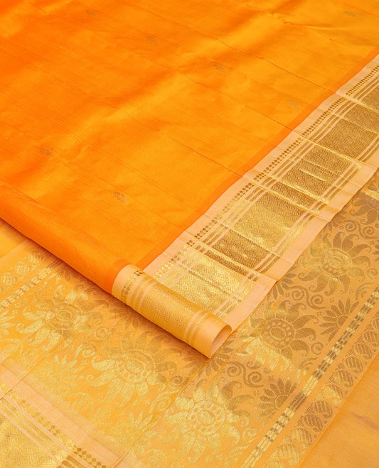 Orange zari buttas Kanchipuram silk saree, contrast one-sided border of panner sombu,banaras & jaal, & floral design pallu