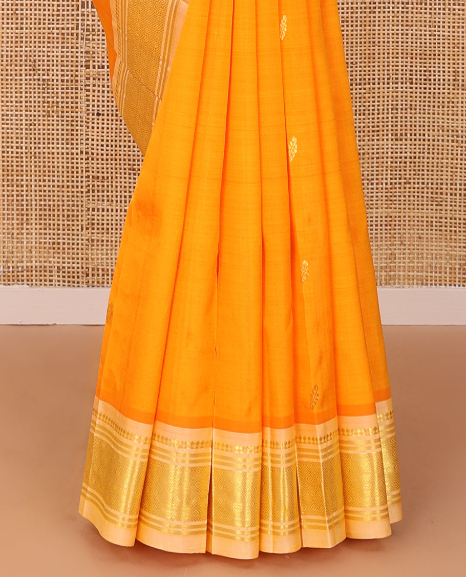 Orange zari buttas Kanchipuram silk saree, contrast one-sided border of panner sombu,banaras & jaal, & floral design pallu