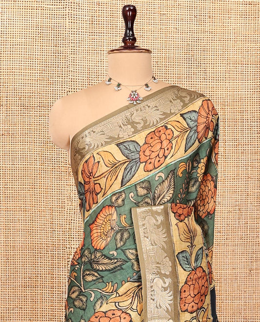 Green Kalamkari Saree, Enriched with Floral Vine Print, Complemented by Contrast Zari Border, Pallu of Fauna Motifs, and a Contrast Blouse