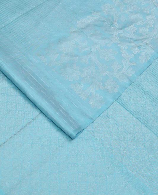 Blue striped soft silk saree, floral jaal border, and pallu of jaal design