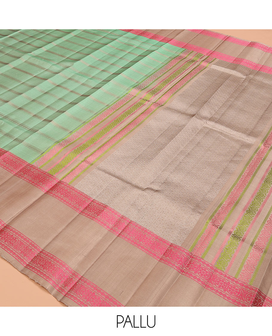 Green zari design soft silk saree, contrast rettai pettu border of rudraksham, and chakram designs, and jaal pallu