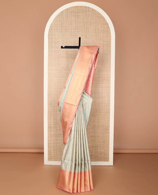 Mint green floral design soft silk saree with contrast zari design border & floral design pallu