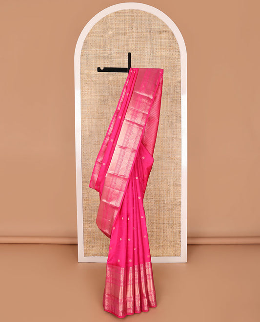 Pink buttas silk saree with self border of thilakam mokku, banaras, poo chakram design & jaal design pallu