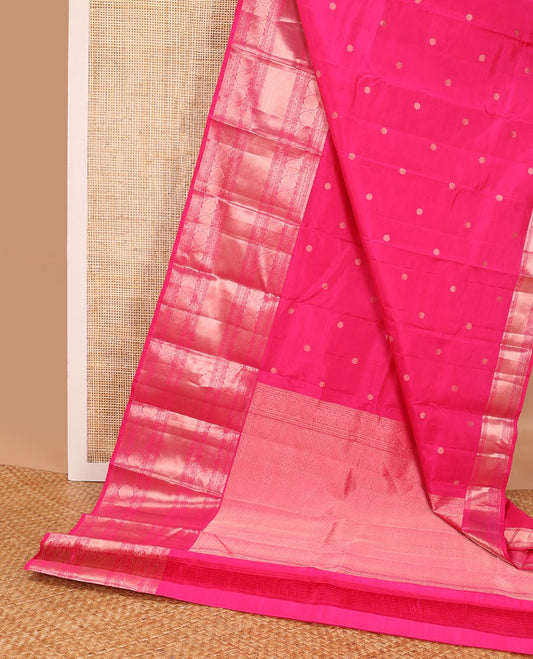 Pink buttas silk saree with self border of thilakam mokku, banaras, poo chakram design & jaal design pallu