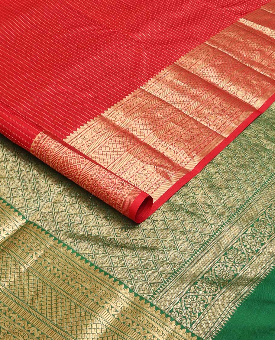 Red muthu striped silk saree, zari border of thilakam,ara bogudi, diamond, rettai neli, jaal and kodi visiry, and contrast jaal pallu