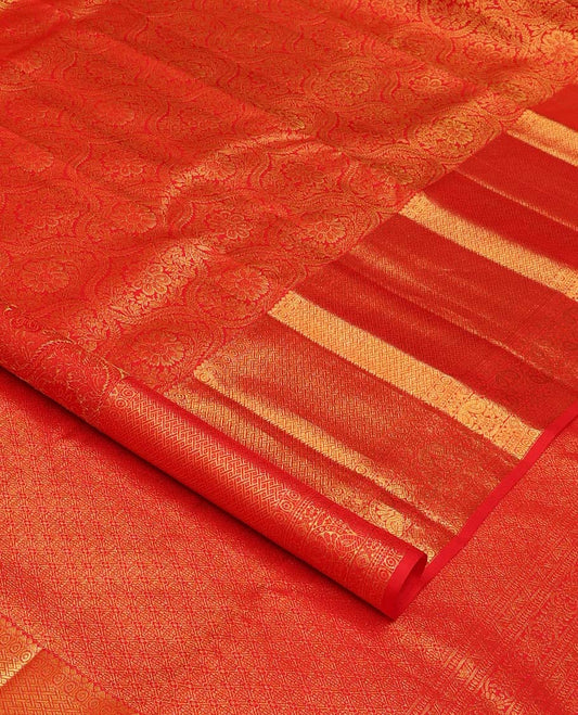 Red jacquard wedding silk saree, zari border of rekku, and paiyaadi kattam, and jaal pallu