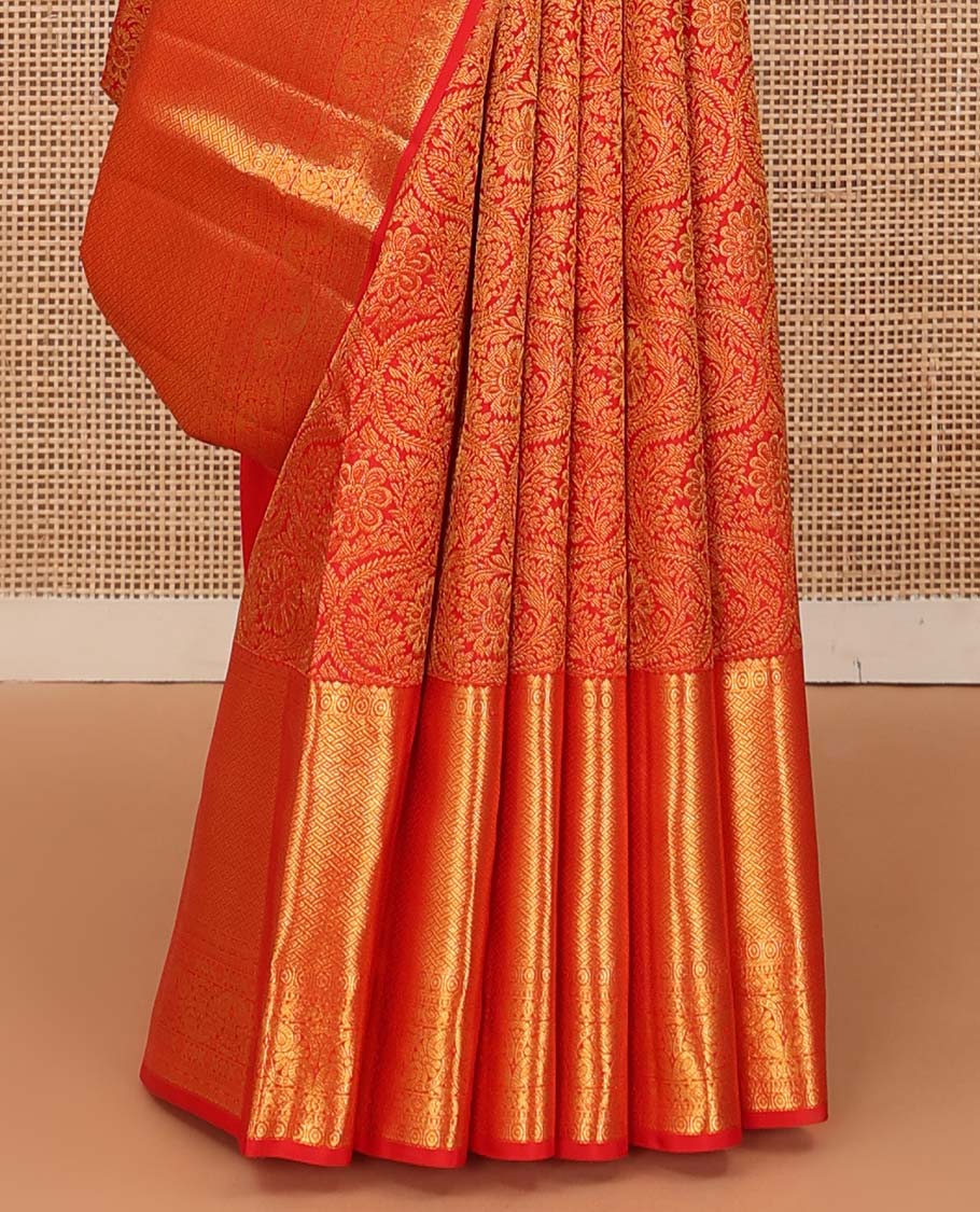 Red jacquard wedding silk saree, zari border of rekku, and paiyaadi kattam, and jaal pallu