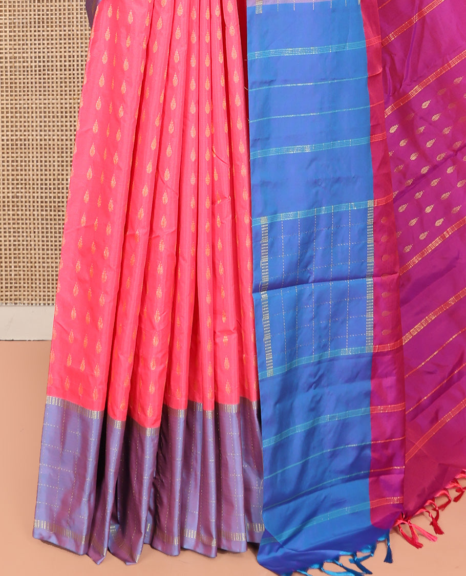 Pink Aarani Silk Saree, Bedecked with Zari Buttas All Over Its Body, Complemented by a Contrast Zari Checked Border, Pallu of Stripes and Buttas, and Paired with a Contrast Blouse