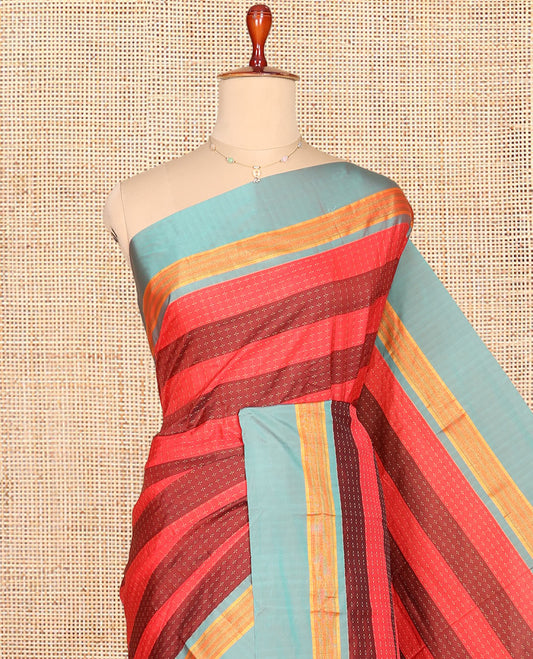 Multi-Color Striped Aarani Gift Saree, Finely Adorned with Plus-Size Buttas All Over Its Body, Complemented by a Contrast Border, Contrast Pallu of Stripes, and Paired with a Matching Blouse