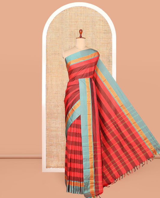 Multi-Color Striped Aarani Gift Saree, Finely Adorned with Plus-Size Buttas All Over Its Body, Complemented by a Contrast Border, Contrast Pallu of Stripes, and Paired with a Matching Blouse