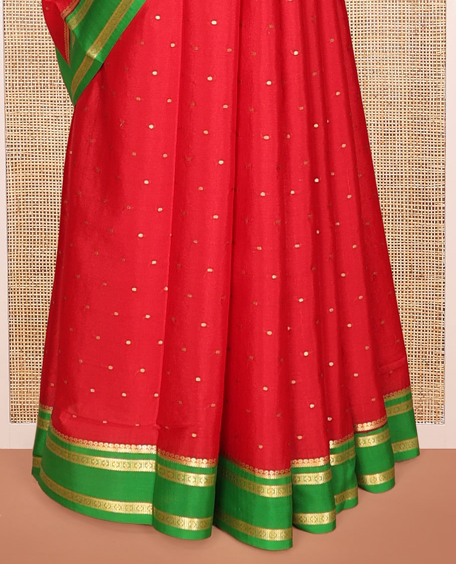 Red Mysore Silk Saree, Elevated with Buttas, Complemented by a Contrast Traditional Zari Border, Zari Design Pallu, and a Contrast Blouse