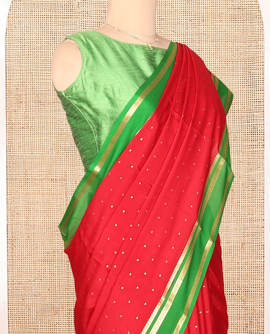 Red Mysore Silk Saree, Elevated with Buttas, Complemented by a Contrast Traditional Zari Border, Zari Design Pallu, and a Contrast Blouse