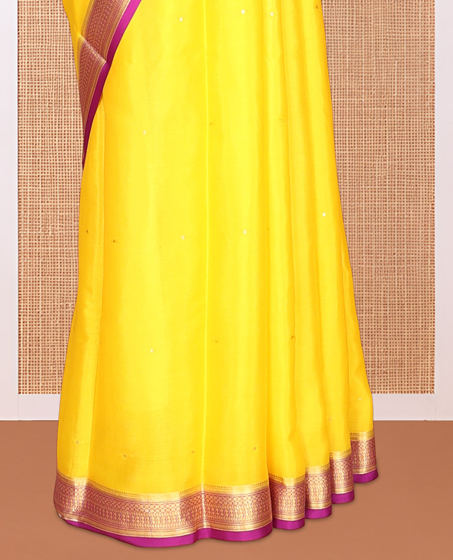 Yellow Zari Buttas Mysore Silk Saree, Complemented by a Contrast Traditional Zari Border, Zari Design Pallu, and a Contrast Blouse