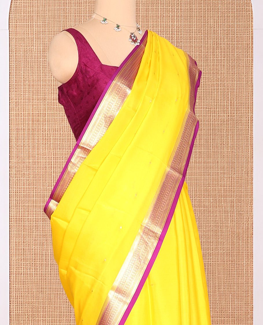 Yellow Zari Buttas Mysore Silk Saree, Complemented by a Contrast Traditional Zari Border, Zari Design Pallu, and a Contrast Blouse