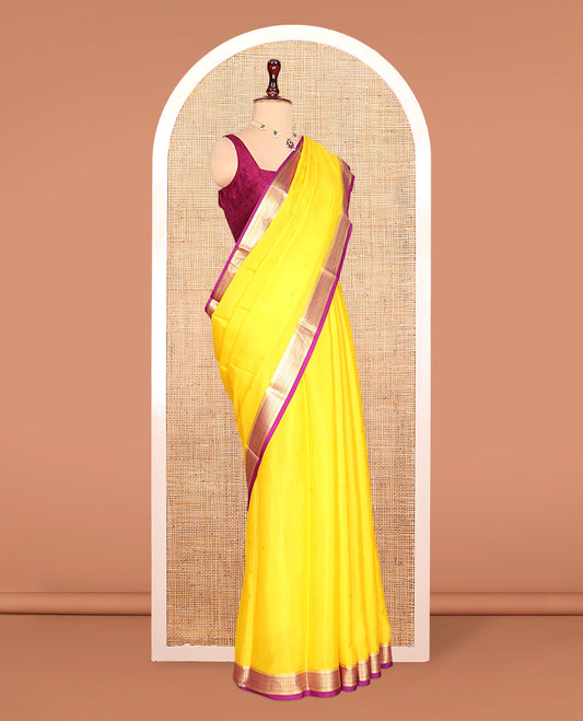 Yellow Zari Buttas Mysore Silk Saree, Complemented by a Contrast Traditional Zari Border, Zari Design Pallu, and a Contrast Blouse