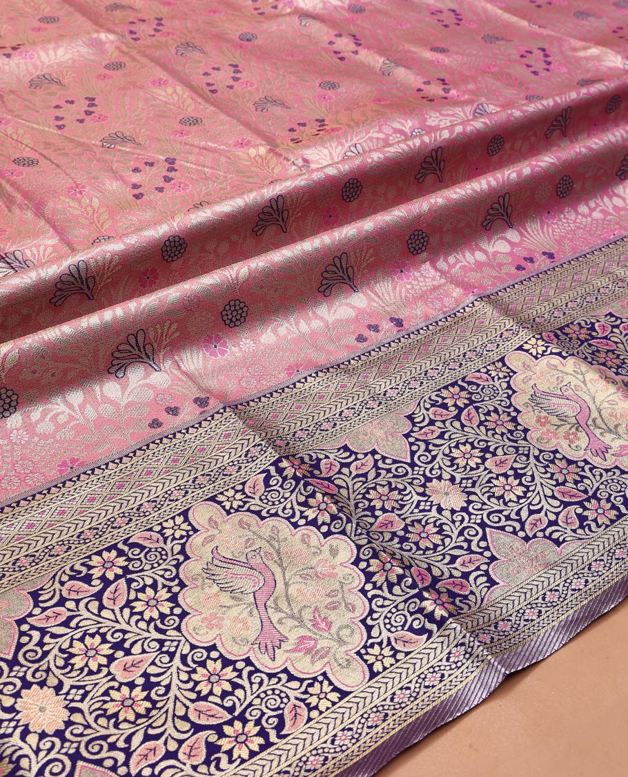 Pink Art Silk Material Half Saree Set, Embellished with Jacquard Design Skirt, a Contrast Meenakari Design Border, Contrast Blouse, and an Intricate Dhavani