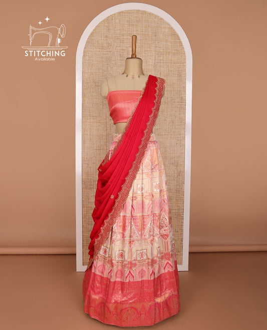baby pink intricate design banaras half saree with contrast zari design border, argyle design blouse & floral embroidery, scallop border dhavani