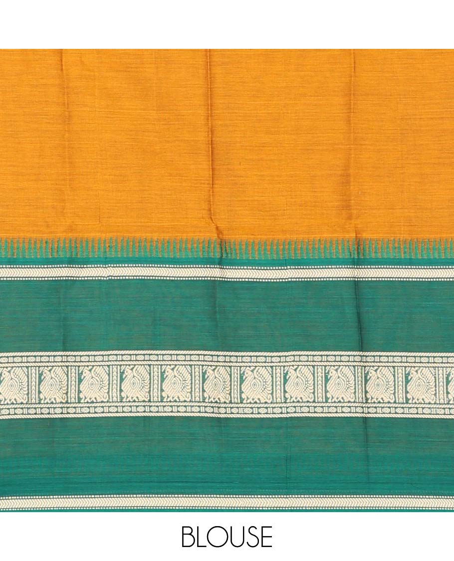 Mustard cotton half saree with contrast intricate zari design border, zari design blouse & temple border dhavani