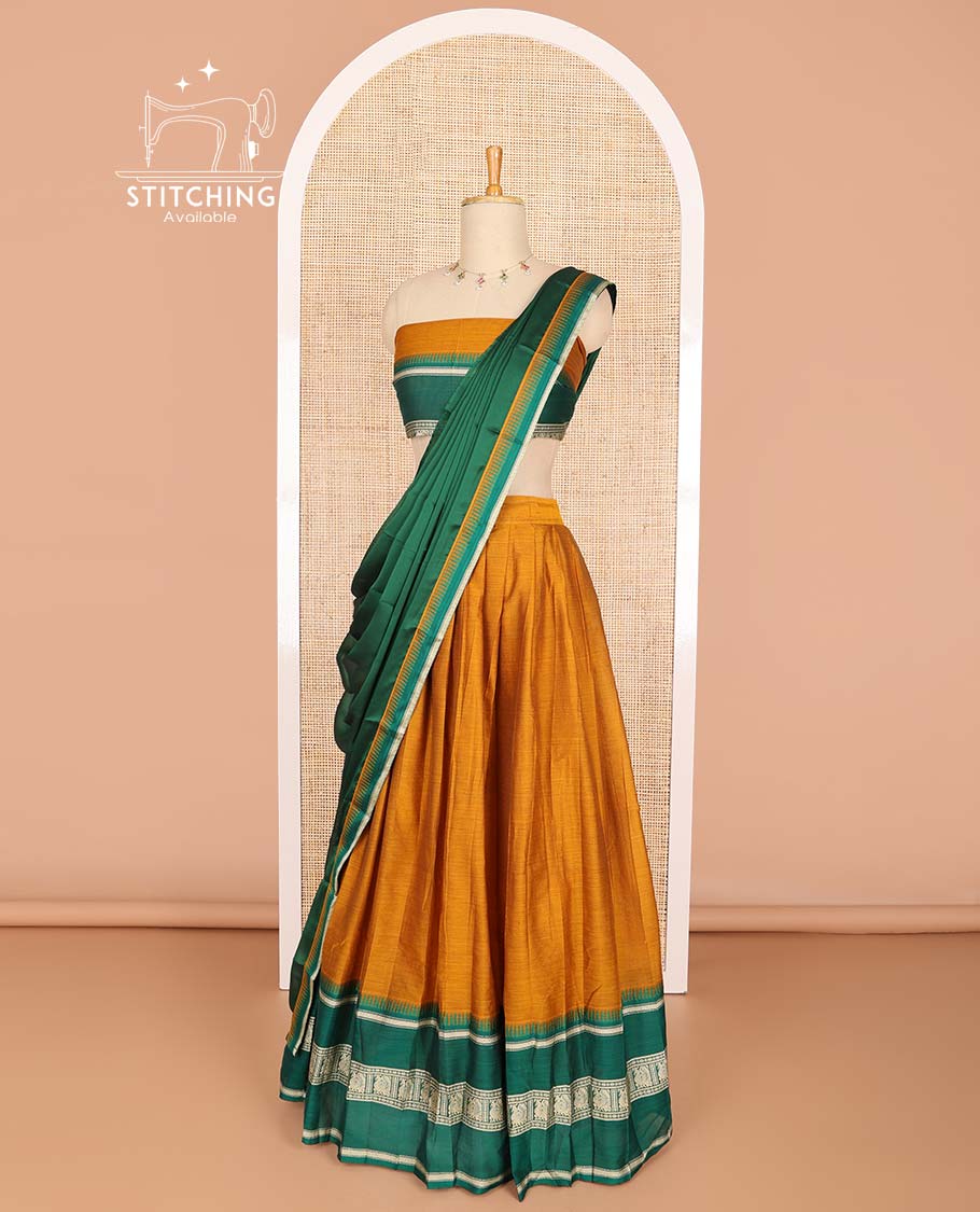 Mustard cotton half saree with contrast intricate zari design border, zari design blouse & temple border dhavani