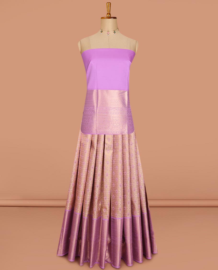 Pink jacquard pure-mix half saree,contrast zari design dhavani,zari border & blouse steeped with traditional zari designs