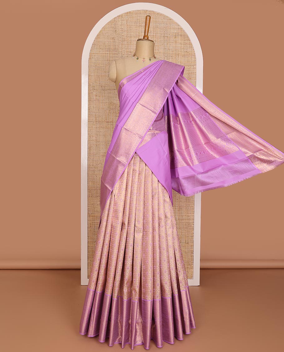 Pink jacquard pure-mix half saree,contrast zari design dhavani,zari border & blouse steeped with traditional zari designs