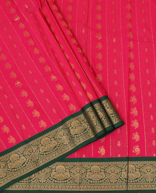 Pink Art Silk Pavadai Material Set, Embellished with Zari Designs All Over the Skirt, Complemented by a Contrast Floral-Paisley Zari Border, and Paired with a Contrast Blouse