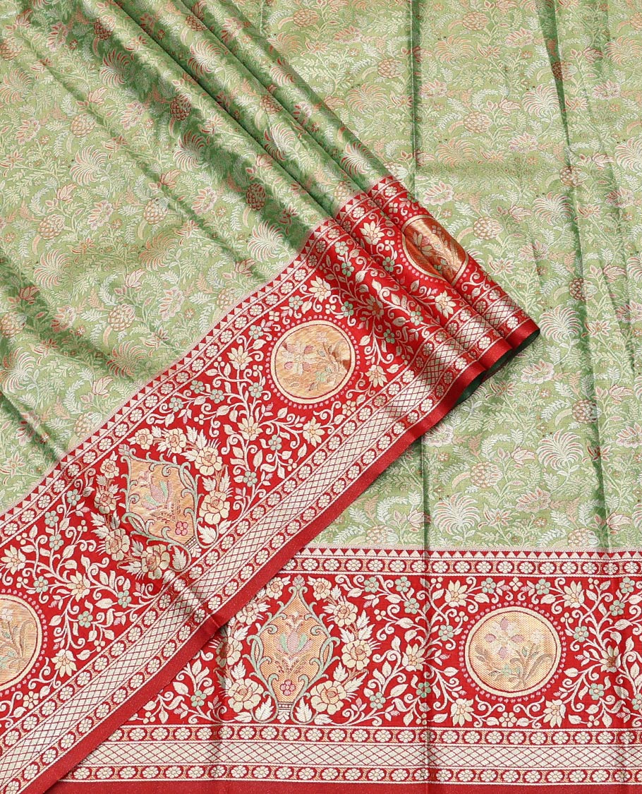 Green Art Silk Half-Saree, Decked Up with Jacquard Design, Contrast Intricate Zari Border, Paired with a Contrast Jacquard Blouse, and an Intricate Dhavani