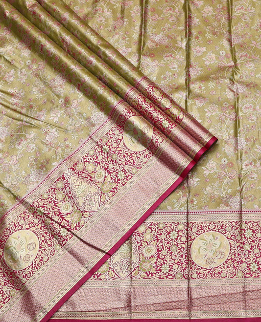 Green Art Silk Half-Saree, Finely Crafted with Jacquard Design, Contrast Intricate Motif Border, Paired with a Contrast Jacquard Blouse, and an Intricate Dhavani