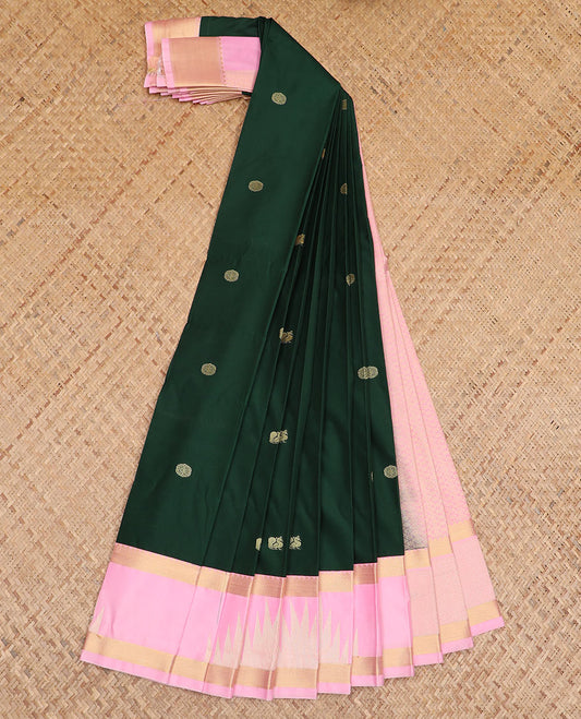 Green peacock chakram motifs budget silk saree, contrast traditional zari border, and jaal pallu