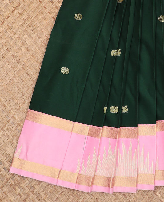 Green peacock chakram motifs budget silk saree, contrast traditional zari border, and jaal pallu