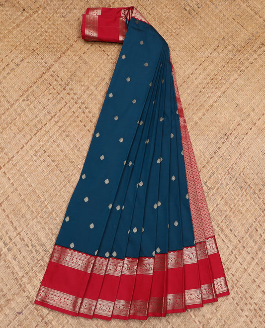Blue zari buttas budget silk saree, contrast traditional zari rettai pettu border, and pallu of jaal design