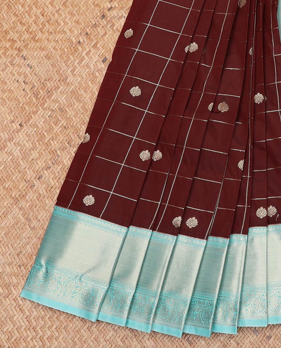 Maroon zari butta enclosed checked gift saree, contrast traditional zari border, and jaal pallu