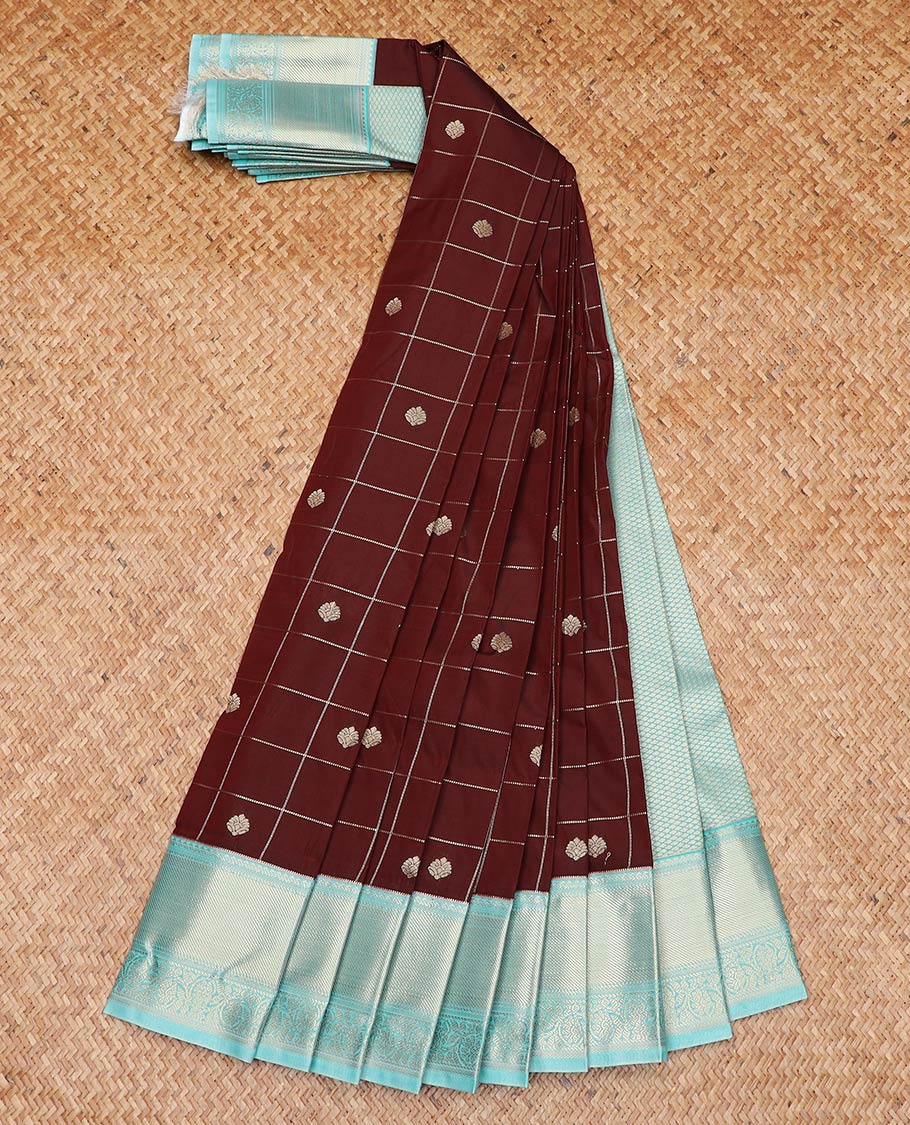 Maroon zari butta enclosed checked gift saree, contrast traditional zari border, and jaal pallu