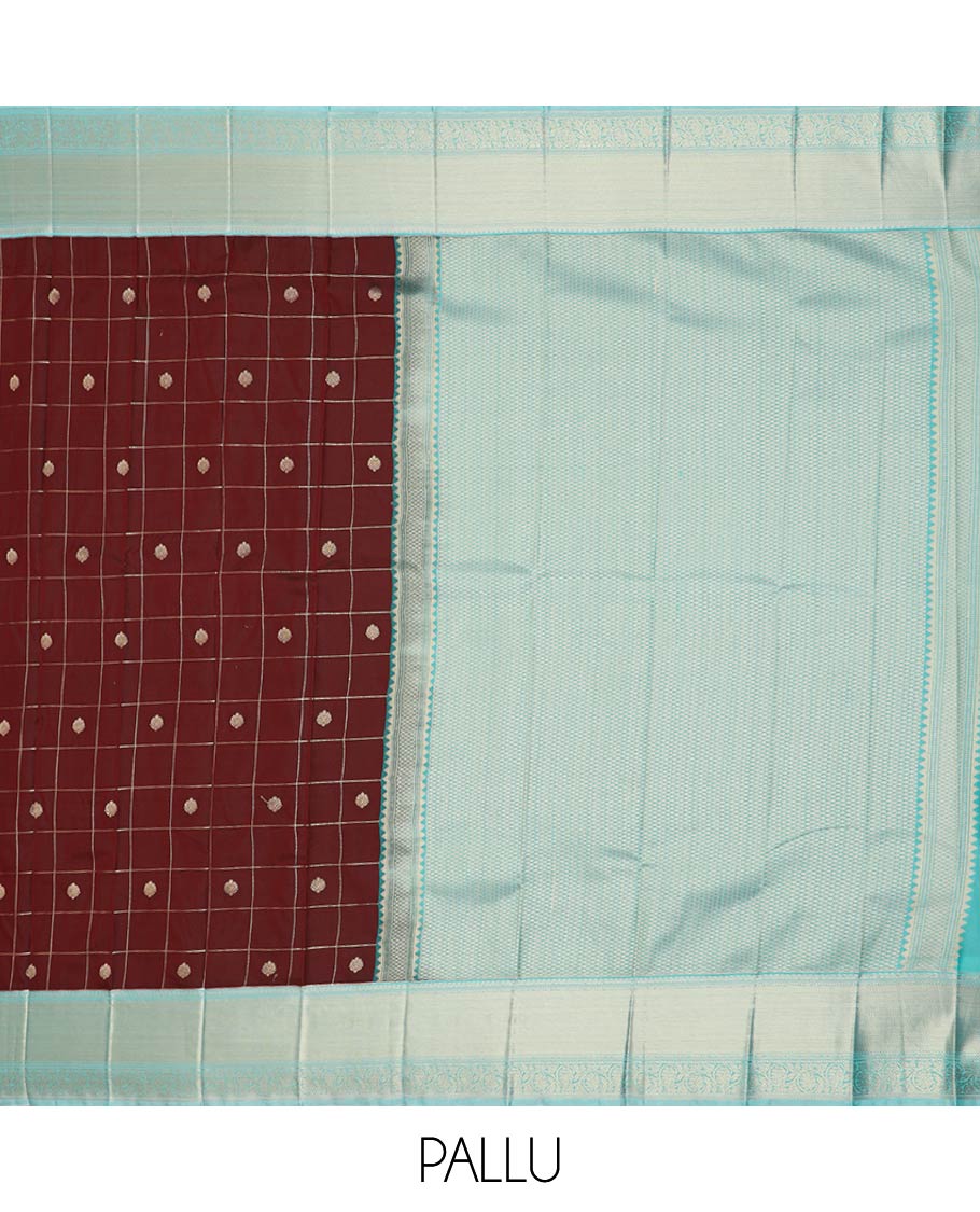 Maroon zari butta enclosed checked gift saree, contrast traditional zari border, and jaal pallu