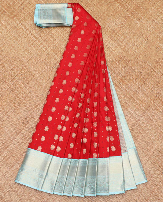 Red Budget Silk Saree Spotlighted with Zari Buttas and Paisley Buttas, Complemented by a Contrast Border of Traditional Zari Designs, Subtly Designed Pallu of Geometric Designs, and Paired with a Contrast Blouse