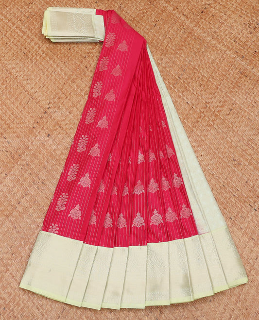 Red zari striped and buttas budget silk saree, contrast traditional zari design border, and intricate pallu